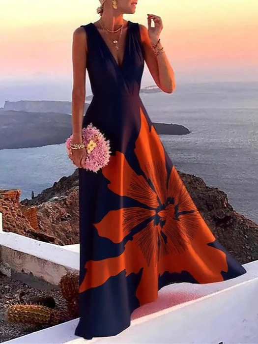 2025 European and American Clothing Amazon Independent Station Temu Positioning Digital Printing Sleeveless V Neck Dress Long Skirt