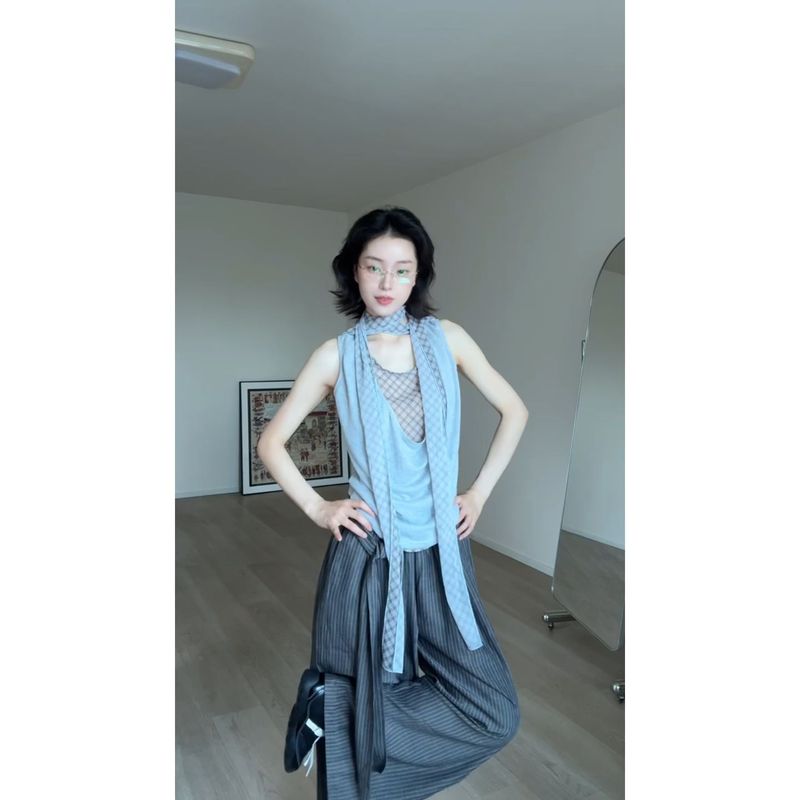 拼接假两件t恤女夏季格纹辣妹纯欲上衣长裤时尚套装|undefined