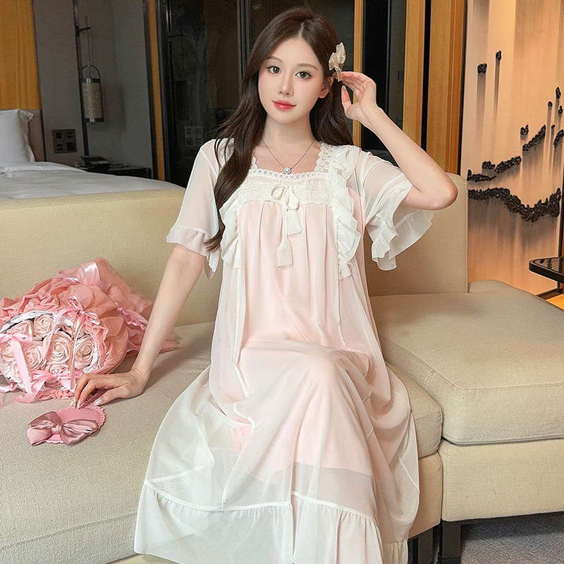 2025 pijama de verano rosa conjunto de malla de encaje pijama de mujer ropa para el hogar de color sólido ropa para el hogar de estudiantes sexy