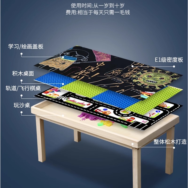 实木儿童积木桌多功能沙盘拼装积木化石考古挖掘玩具桌大号游戏桌|undefined