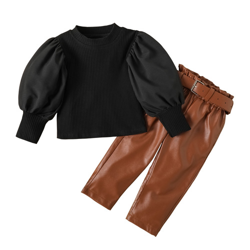 Euro-American style new collection: petite girls' set featuring a puff-sleeve top, leather trousers, and a matching leather belt—three-piece outfit