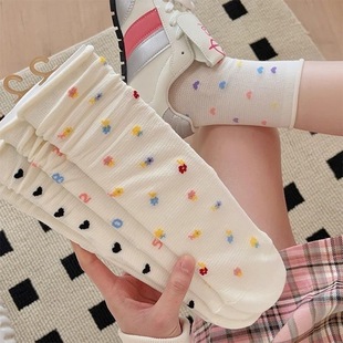 White Piled Socks Women's Summer Thin Stocking Ins Trendy All-match Japanese Style Curled Color Love Cotton Socks