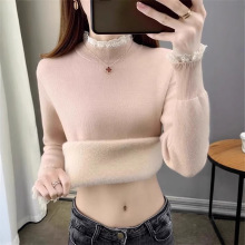 加绒加厚毛衣女冬季新款针织衫内搭保暖一体绒蕾丝半高领打底衫厚