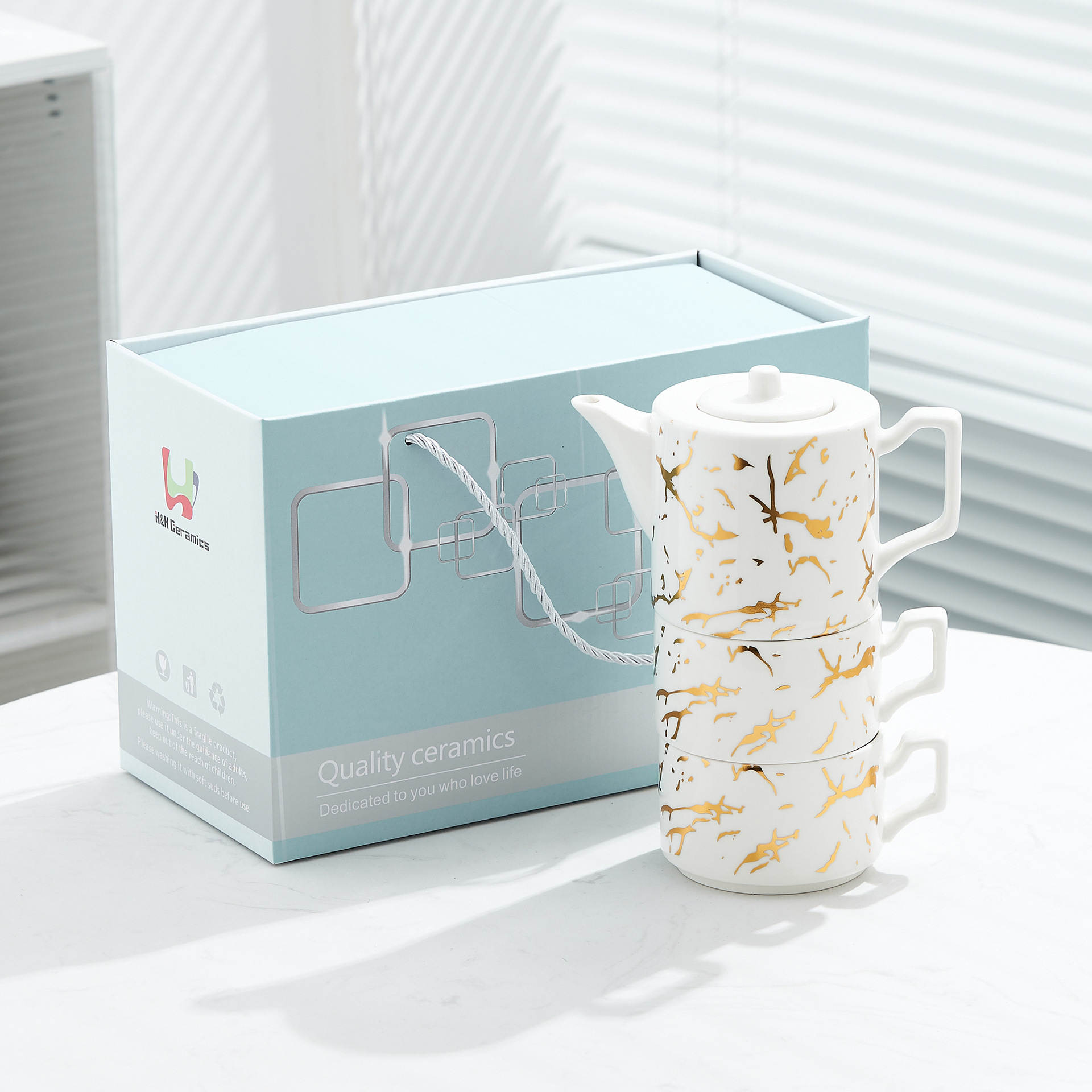 Oro marbling flor juego de té Nordic ins juego de té traje Luz de lujo tarde juego de té caja de regalo embalaje