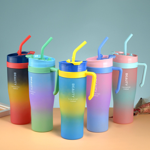 40OZ Three-Piece Car Ice King Cup Straw Dual-Drinking Gradient Color Handle Plastic Water Cup Car Cup Portable