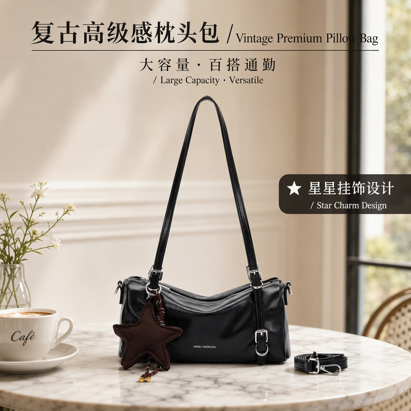 Cross-border retro-style pillow bag with star embellishments, a stylish shoulder bag with a large capacity, versatile for commuting and everyday use Cross-border retro-style pillow bag with star embellishments, a stylish shoulder bag with a large capacity, versatile for commuting and everyday use