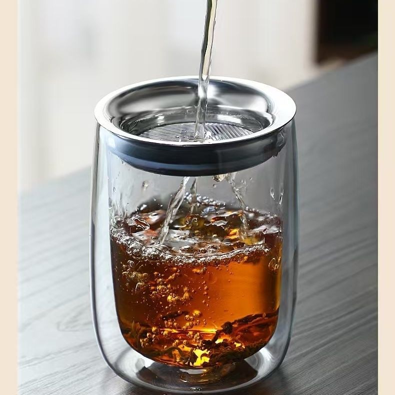 Tetera de doble vidrio aislante de calor de té de agua separado taza de filtro de té portátil de fabricación de té artefacto anti-explosivo transparente
