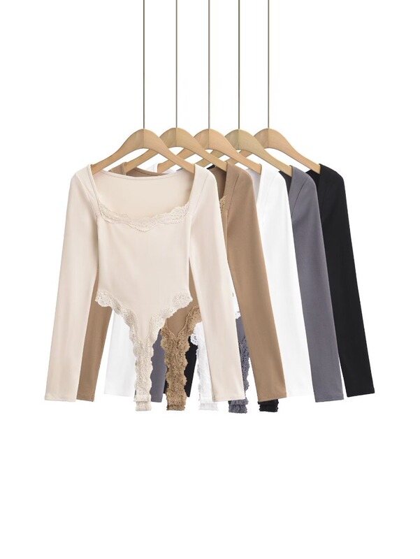 2024 Autumn New Hot Girl Lace Long Sleeve Slim Solid Color Jumpsuit Women's European and American Style T-Shirt Top