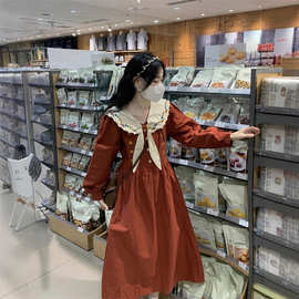 2025海军领重工刺绣长袖连衣裙秋装新款少女系收腰法式中长款裙子