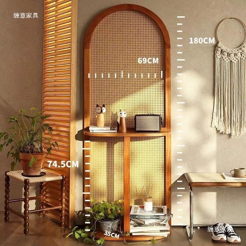 Japanese-Style Rattan Screen Partition for Living Room Entrance, Movable Solid Wood Screen, Wabi-Sabi Style Storage Flower Stand