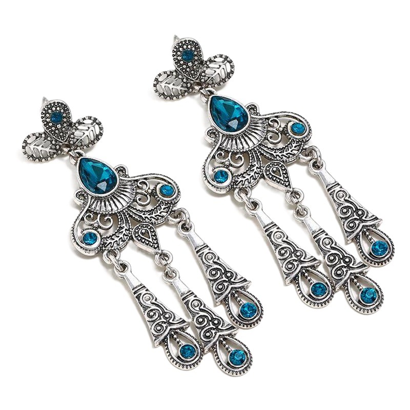 Cross-border e-commerce hot earrings high quality retro ethnic style hollow leaf gem tassel water drop earrings earrings