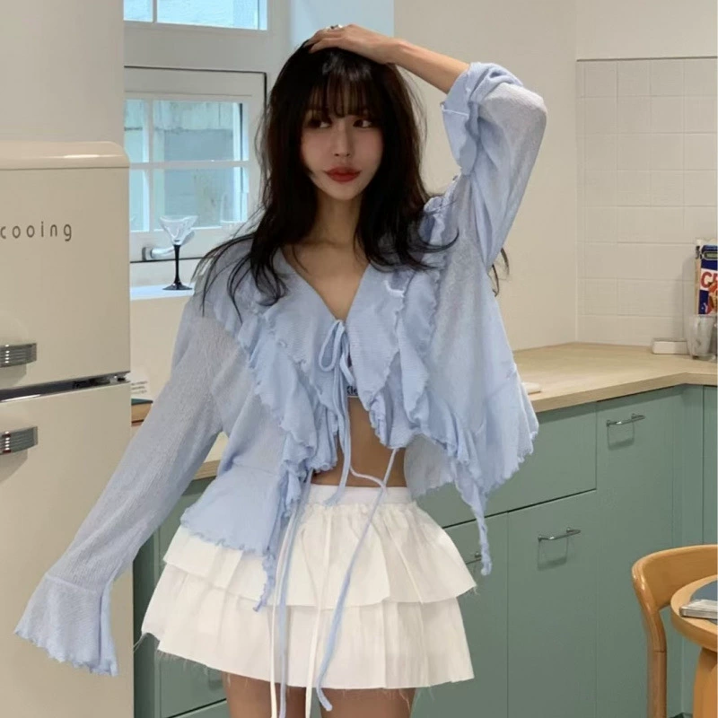 Обновление размеров в наличии Корейский шикарный летний новый дизайн милый кардиган с v-образным вырезом и завязками и длинными рукавами