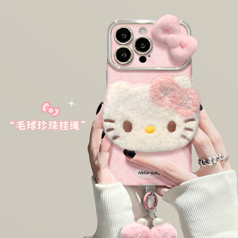 毛绒猫咪蝴蝶结手链适用苹果16大视窗手机壳15PRO电镀羊皮14可爱X