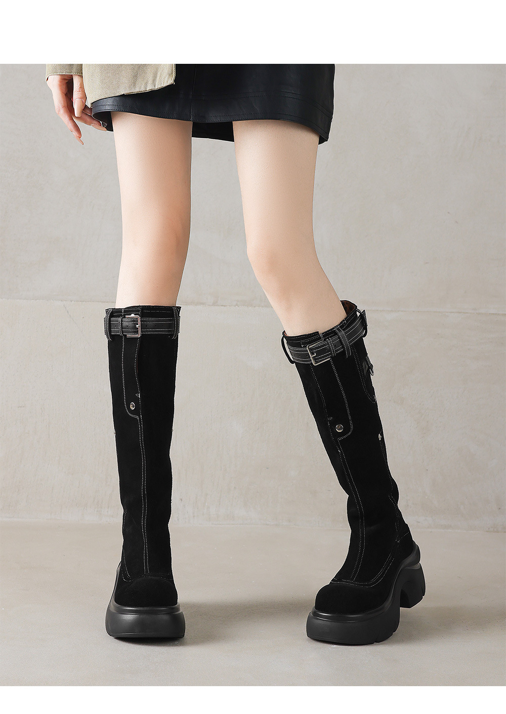 Boot nữ cao cổ hai kiểu mũi tròn đế dày phong cách Maillard da bò thời trang — Lớp lót nhung đen chi tiết 6