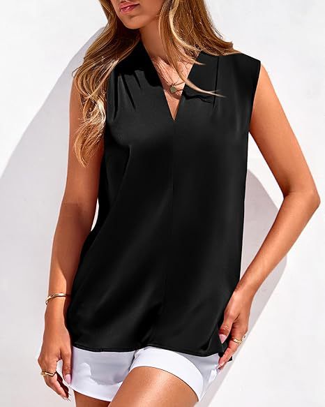 Women's Clothing American Women's Summer Sleeveless Satin Vest Casual V Neck Pleated Shirt Commuter Style 2026_ecoleips.com