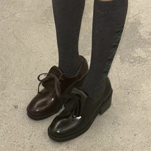 New Version of Openyy Small Leather Shoes for Women 2025 Spring & Fall New Thick High Heels Round Toe Mary Jane Shoes
