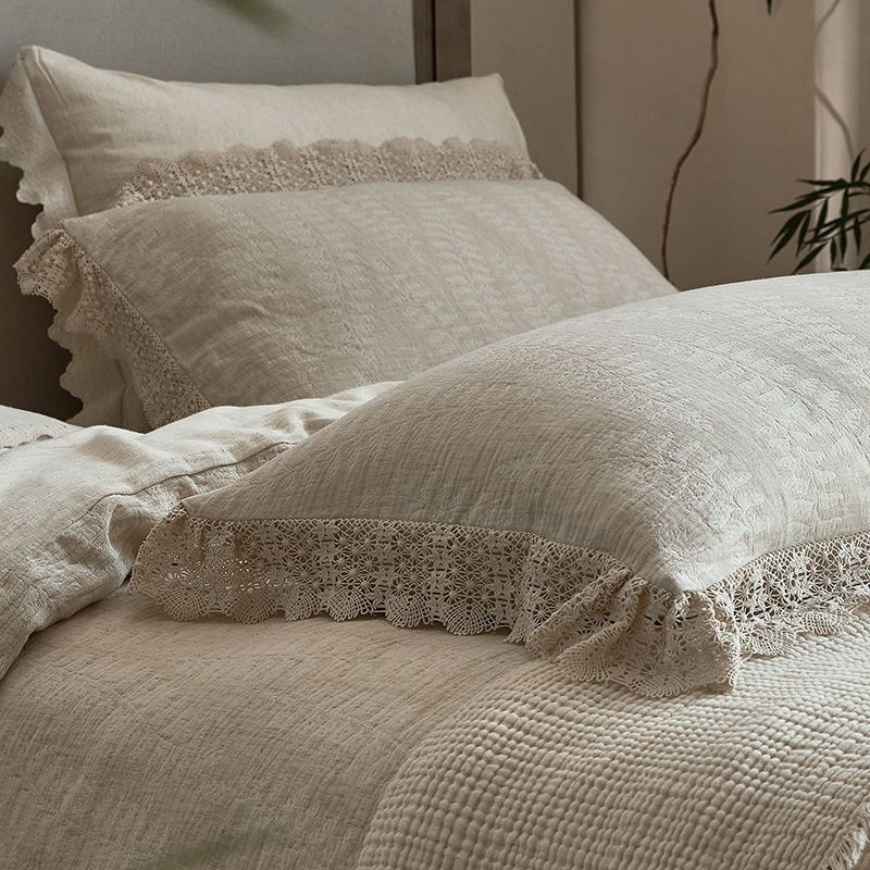 Set di quattro pezzi in cotone, lino, jacquard, garza a tre strati, stile nordico francese vintage boho di classe A, con pizzo francese vintage e delicato sulla pelle._voghion.com