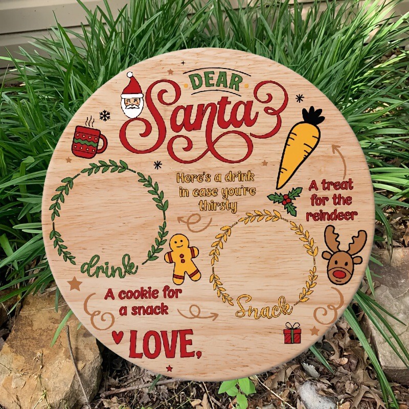 Vintage Santa Claus and Reindeer Wooden Tray Wood Pizza Board Christmas Party Fruit Serving Tray