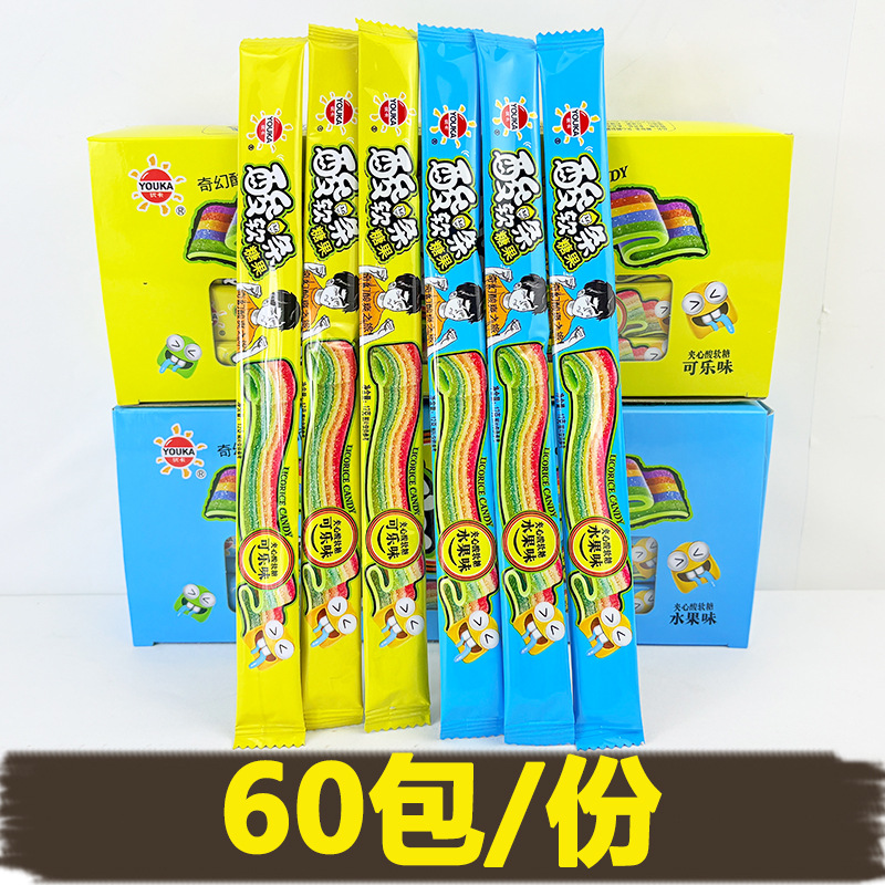 Youka Sour Strip Filled Gummy Candy Fruit-Flavored Candy Internet-Famous Sweet and Sour Rainbow Long Strips Childhood Snack Wholesale