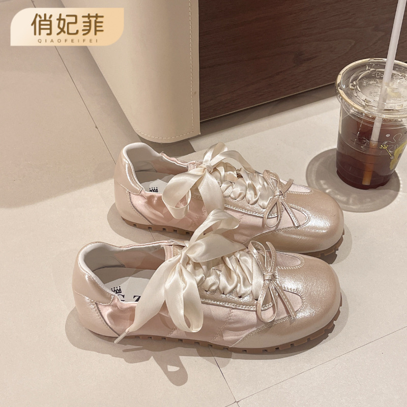 Bow Soft Bottom Flat Pink Ballet Shoes 2024 Spring and Summer New Casual All-match German Training Shoes White Shoes for Women