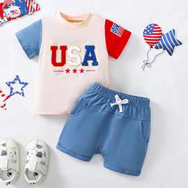 跨境婴幼男童夏季套装毛巾绣USA短袖上衣+假抽绳短裤二件套E2369A