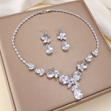 跨境套装 时尚潮流锆石耳环项链ins白色蝴蝶流清新首饰气质锁骨链