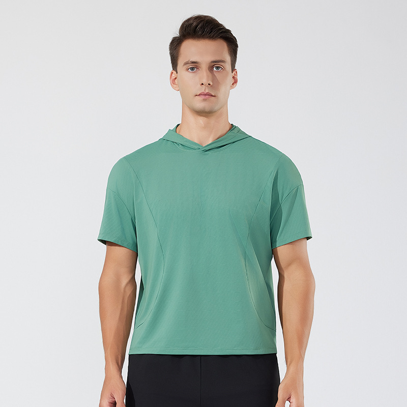 Verano nuevo estilo para hombres y mujeres con el mismo estilo de secado rápido casual de manga corta suelta blusa transfronteriza para correr al aire libre de manga corta con capucha de manga corta