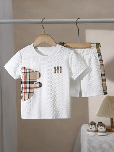 European and American cross-border children's short-sleeve suit plaid bear cartoon print boys 'T-shirt summer loose shorts children's wear