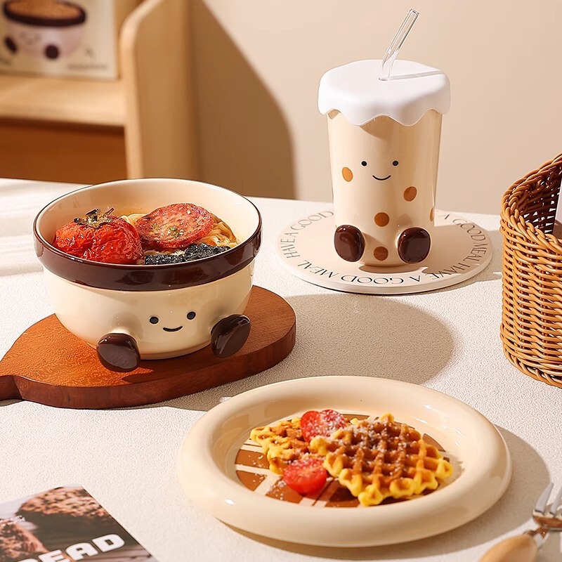 Cute Plate and Bowl Tableware Set, Household Instant Noodle Bowl, Ceramic Bowl, Soup Bowl, Good-Looking Plate, High-Looking Cup