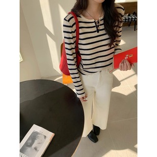 3Th Morning Early Spring New Style French Style Contrast Stripesd Half Open Collar Knitwear Zy2709