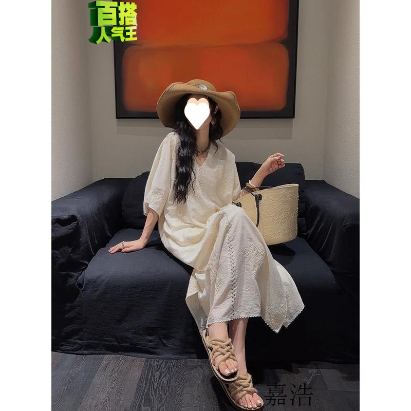 三吉黑花平替!宽松连衣裙女夏季2025新款大码刺绣A字裙禅意风长裙|undefined