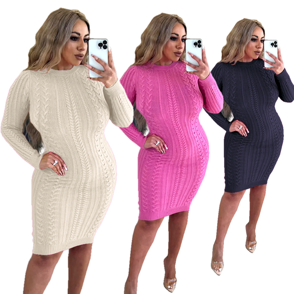 Robe pull femme couleur unie sexy mode robe en maille_voghion.com