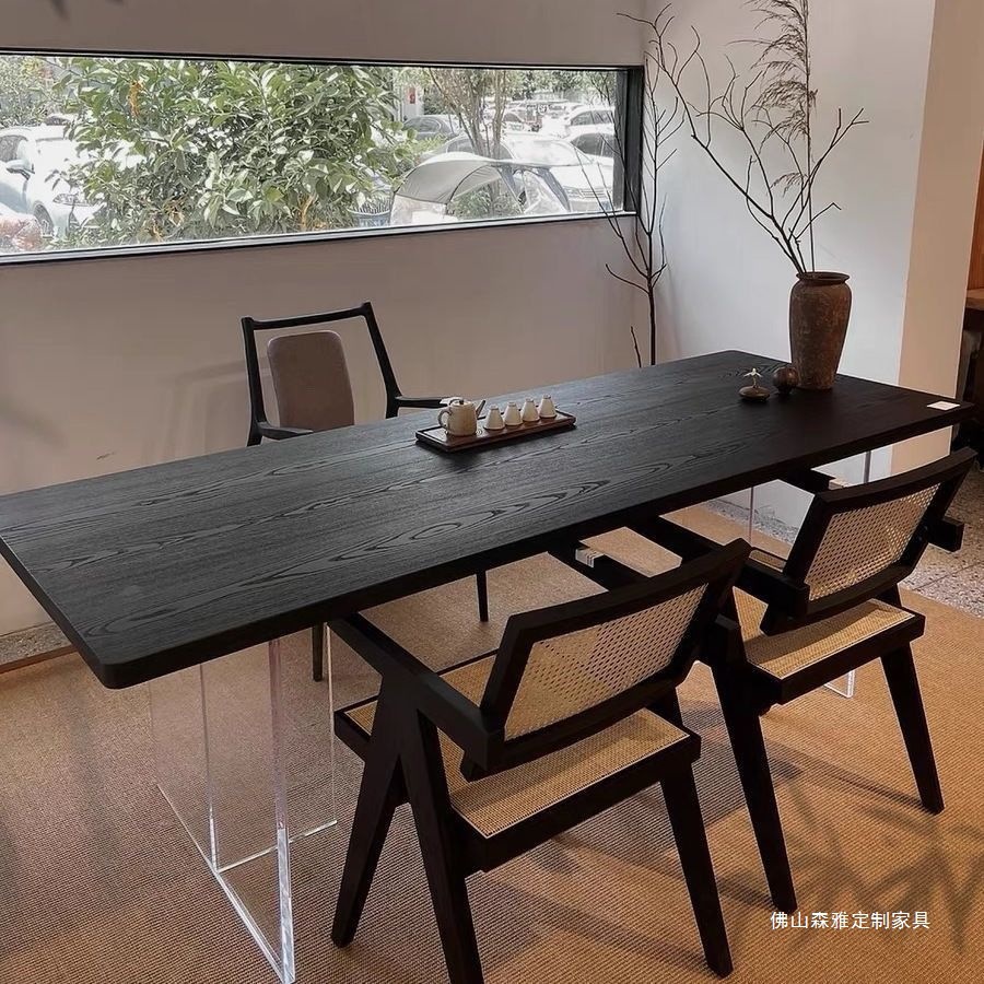 Quiet Style Carbonized Black Solid Wood Dining Table Log Large Board Worktable Extremely Simple Style Acrylic Suspension Office Tea Table