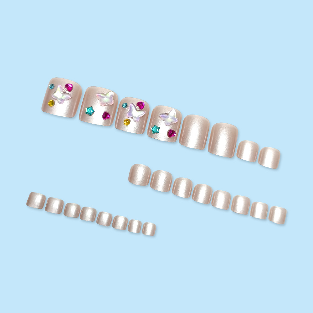 Nuevas pegatinas para uñas de los pies con forma de corazón de mariposa, arte de uñas simple con incrustaciones de diamantes en forma de estrella de cinco puntas, juego de 24 piezas, uñas postizas de moda.