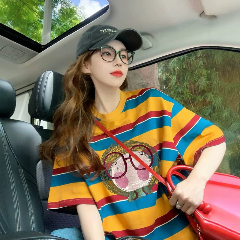 Plus-Size Women's Clothing 120kg American-Style Color-Block Striped Pure Cotton Short-Sleeve T-Shirt for Women, Printed Loose-Fitting Slimming Top Trendy Plus-Size Women's Clothing 120kg American-Style Color-Block Striped Pure Cotton Short-Sleeve T-Shirt for Women, Printed Loose-Fitting Slimming Top Trendy
