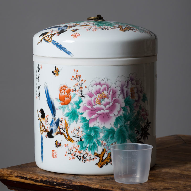 景徳鎮セラミック米タンク家庭用蓋付き 5kg 10kg 米バケツ密封缶米貯蔵タンク 10kg 小麦粉バケツ防虫|undefined