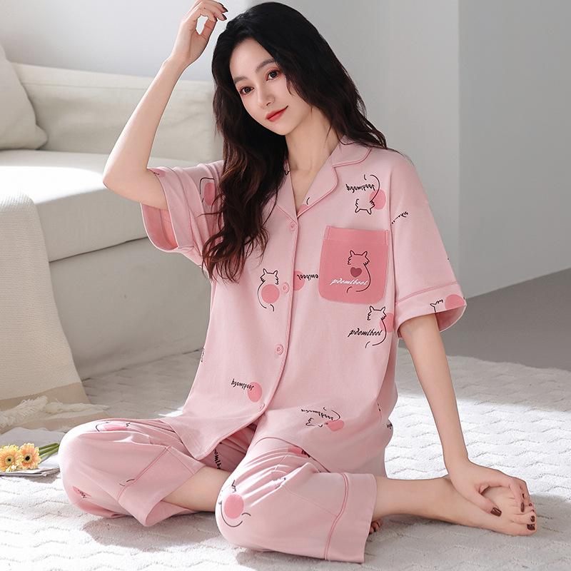 Pijama de algodón delgado para mujeres de verano de manga corta set de pantalones de siete puntos de lazos de mediana edad y la ropa del hogar de verano más grande