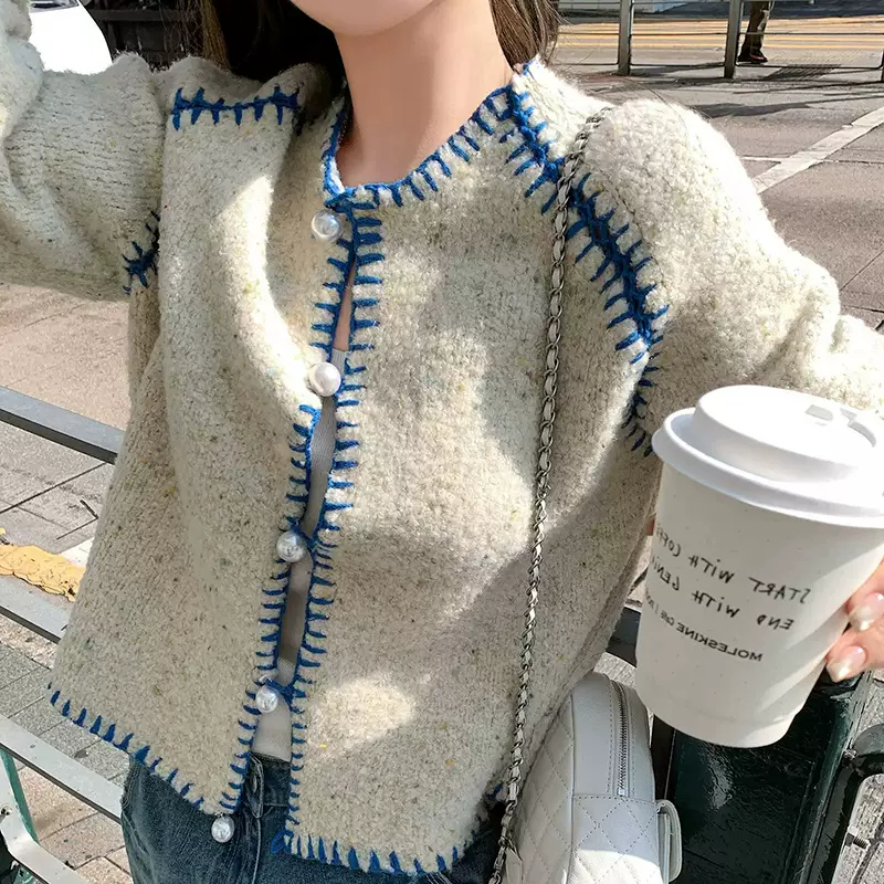 "VTG贝壳绣毛衣"CH*L早春新品 重工撞色贝壳绣乖巧九分袖小香毛衣