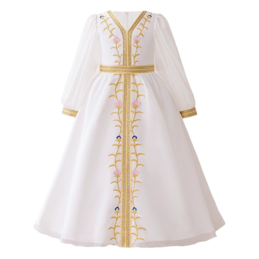 Amazon nuevo vestido infantil transfronterizo vestido vestido vestido de niñas elegantes flores de chiffon bordadas mangas largas vestido de princesa