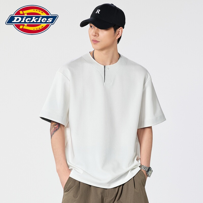 Dickies New Summer Short-Sleeved T-Shirt Men's Japanese Retro T-Shirt Solid Color Button-Down Five-Quarter Sleeves