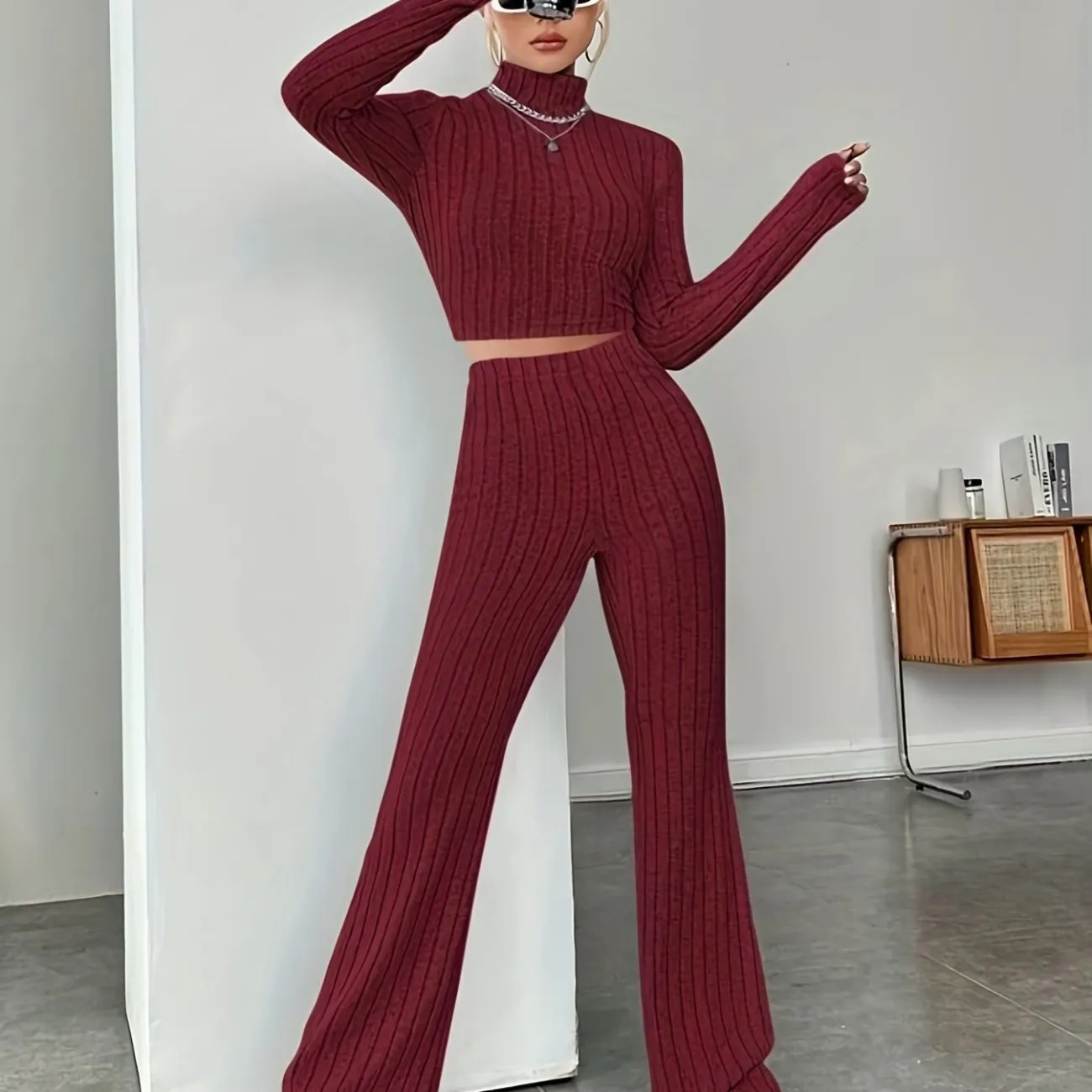 2026 New European and American Cross-Border Fashion Casual Women's Suit High-Neck Long-Sleeve Knit Sweater Solid Color