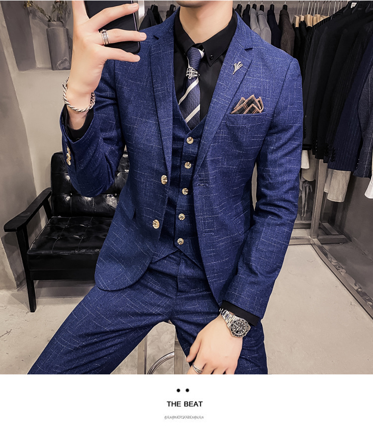 Herrenbekleidung Slim Fit dunkler Muster Herrenanzug mit zwei Knöpfen dreiteiliger Anzug Frühlings- und Herbststil Gentleman Herrenanzug Weste Hose_voghion.com