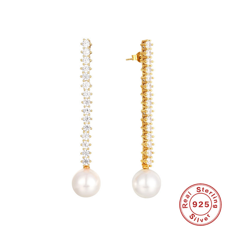 S925 Sterling Silver Single row Luxurious Diamond Pearl Earrings Ear Studs Ear line senior Show thin Earrings