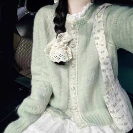 奶绿色花边针织开衫毛衣女可爱少女显瘦韩系春秋季新款文艺复