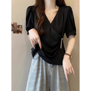 Plus-Size Women's Tummy-Covering V-Neck Slimming Short Sleeve T-Shirt A3930