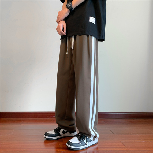 Striped Ice Silk Men's Summer Thin Hong Kong Style Straight Leg Casual Pants Oversize Loose Fit Wide Leg Long Pants
