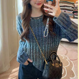 秋冬时尚百搭减龄茶卡盐湖珠片彩条长袖针织衫毛衣女