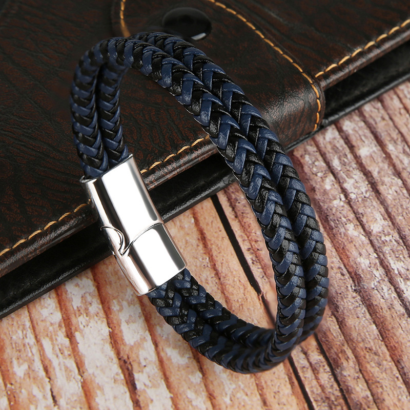 European and American Cross-Border Hot-Selling Men's Double-Layer Genuine Leather Braided Bracelet Simple Magnetic Buckle Cowhide Rope Bracelet Jewelry European and American Cross-Border Hot-Selling Men's Double-Layer Genuine Leather Braided Bracelet Simple Magnetic Buckle Cowhide Rope Bracelet Jewelry