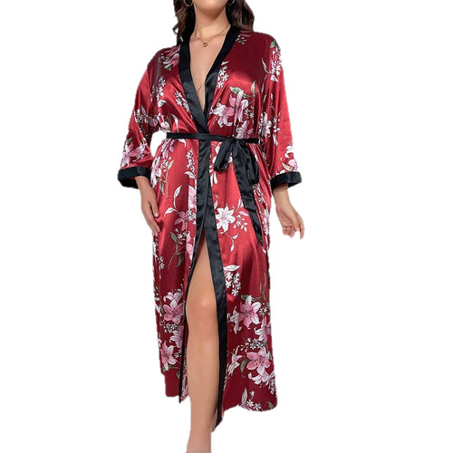 Plus Size Women's Fashionable Loose-Fit Printed Sleepwear Long Style Women's Imitation Silk Sexy Nightgown