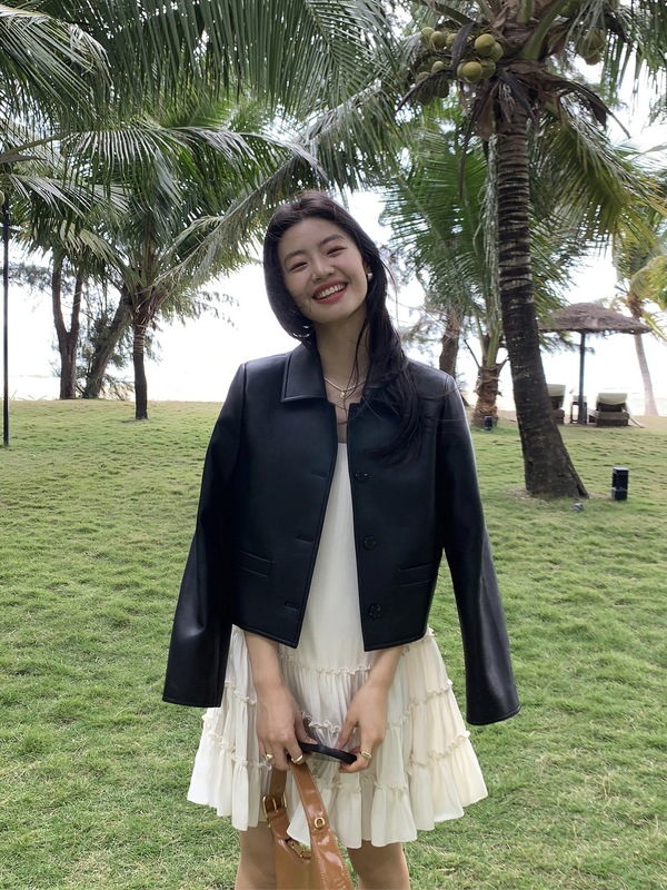 pusumede黑色复古PU皮衣外套女春秋新款气质短款翻领机车夹克上衣|undefined